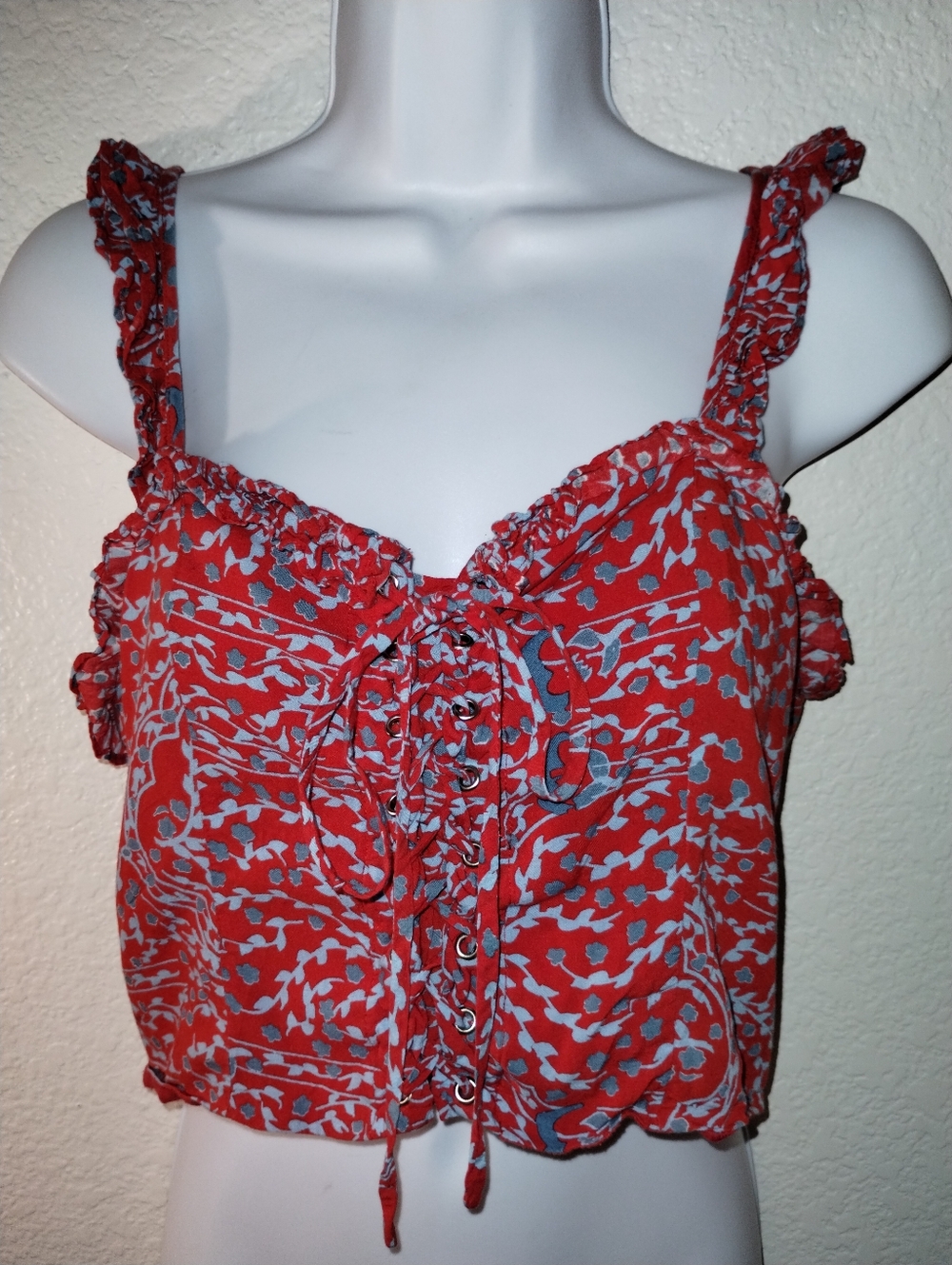 Gypsy by the Sea Red Printed Ruffle Tie-Front Crop Top sz Large Americana